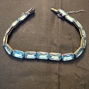 Solid 925 Sterling Silver Emerald Cut Aquamarine Blue Tennis Bracelet